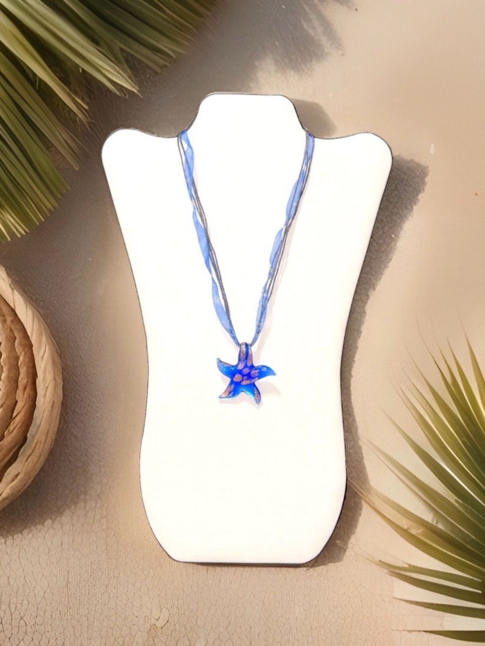 Blue Glass Starfish Pendant Multi Strand Ribbon Cord Necklace Coastal Nautical